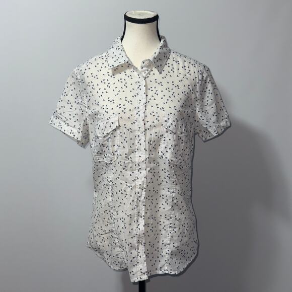 H&M white and blue butterfly print button down shirt size 12 - Picture 1 of 8